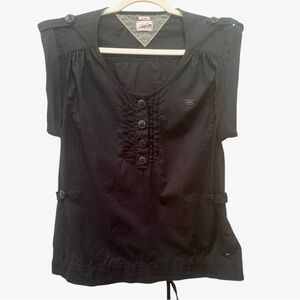 Vintage Tommy Hilfiger Black SS Blouse Back Toe Button Details Sz M Biker